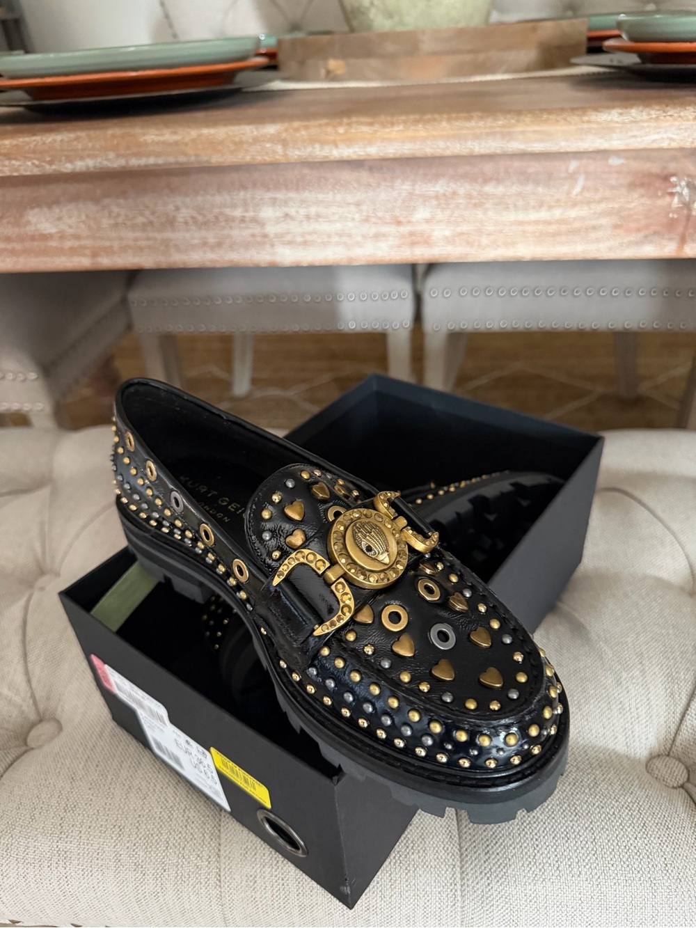 Kurt Geiger Black Leather Loafers with Gold Hardware & Studs